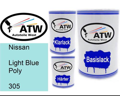Nissan, Light Blue Poly, 305: 500ml Lackdose + 500ml Klarlack + 250ml Härter - Set, von ATW Autoteile West.